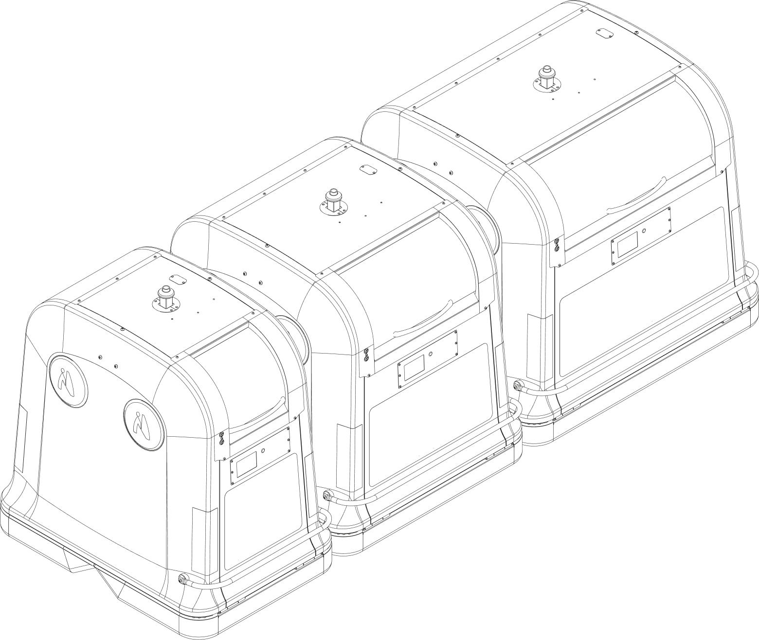 Technical drawing of three modular containers side by side