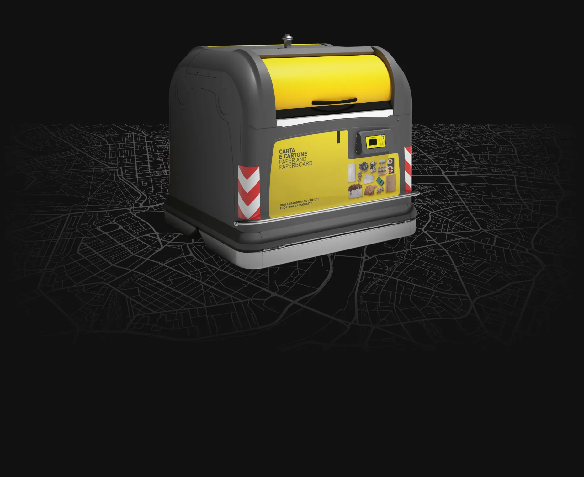 Genius container seen from the side on a map of the city