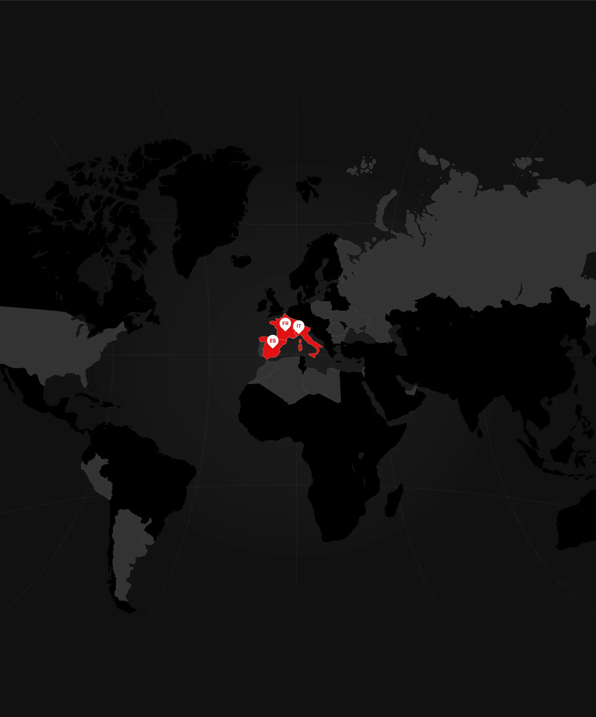 World map with Spain, France and Italy highlighted, where Nord Engineering is present