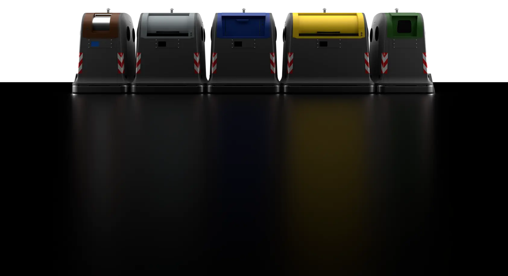 Row of New City 2.0 containers in five colours for sorted waste